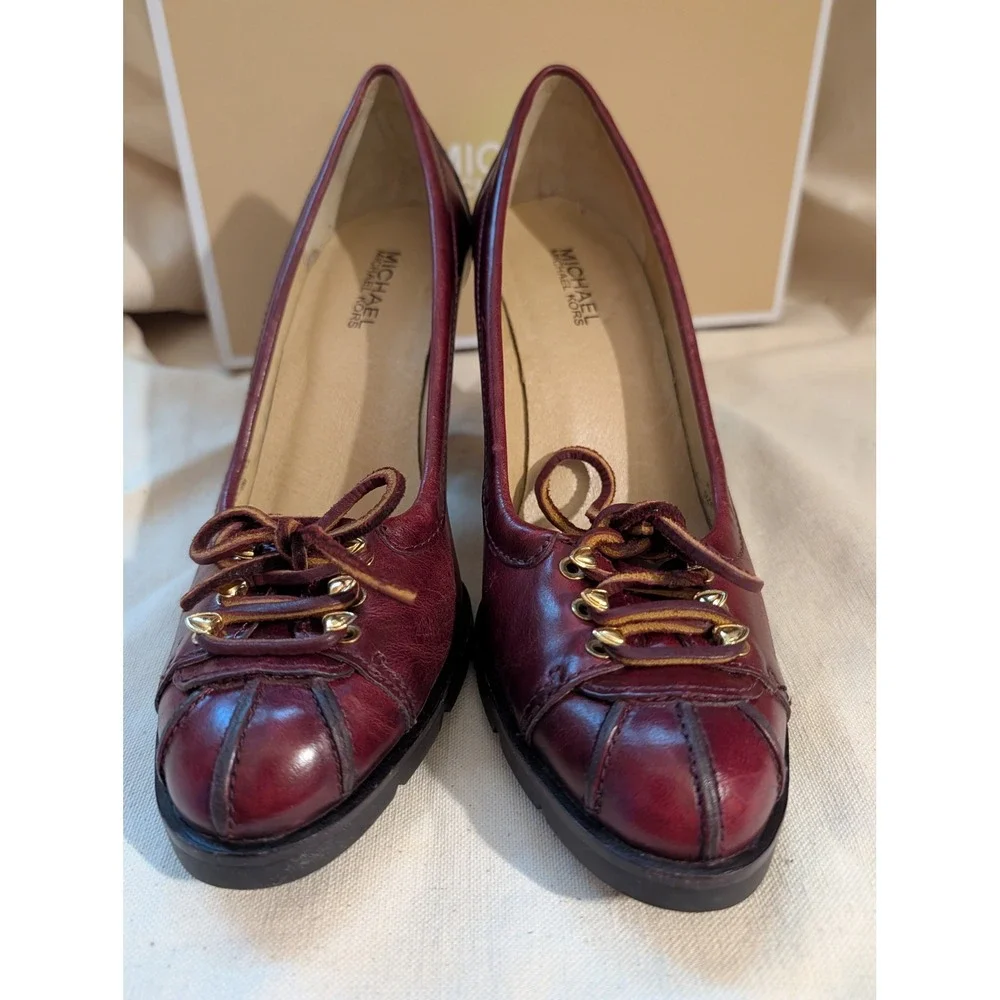 Michael Kors Burgundy Leather Lace Up Block Heel Pumps Lug Sole Womens 8.5M